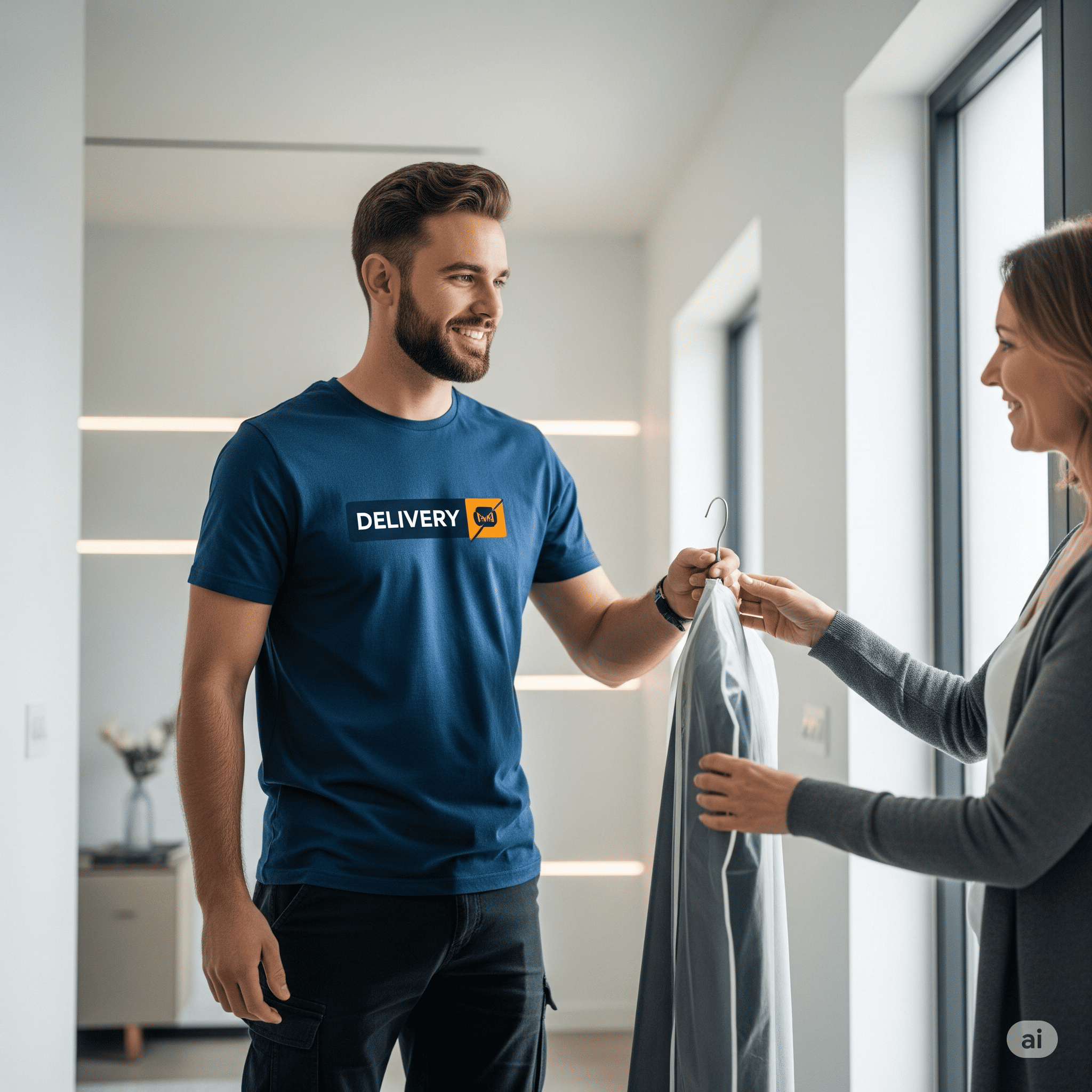 Daily Ironing Service delivery person handing pressed clothes to a customer